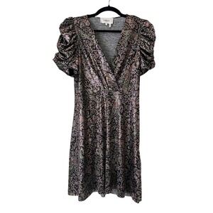 NWT ba&sh Robe Gala Metalic Paisley Mini Dress Puff Sleeve in Noir Sz L